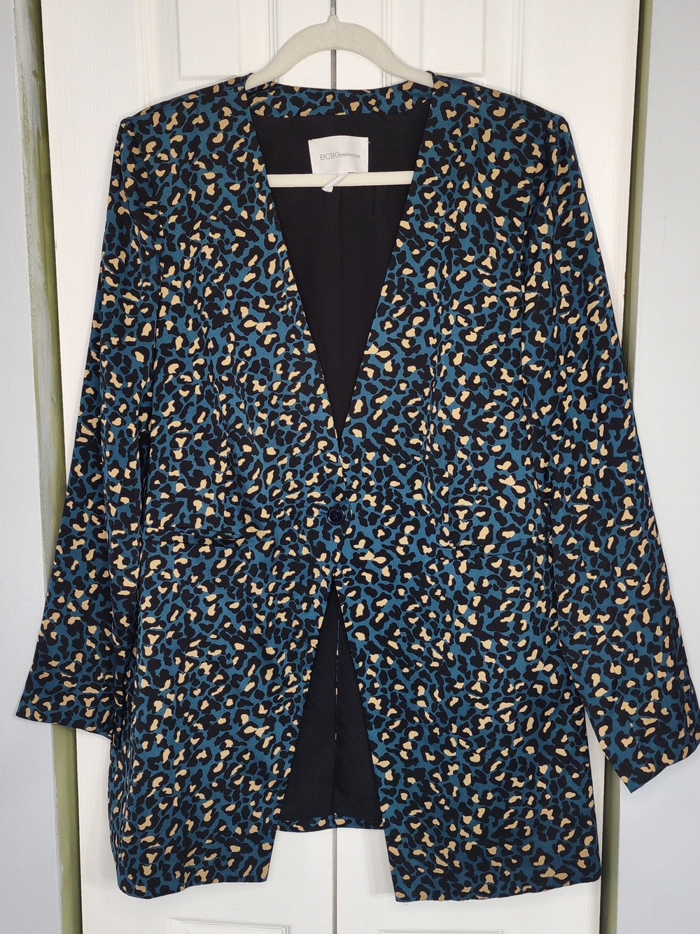 BCBGeneration Blue Leopard Print One Button Blazer 80s Retro